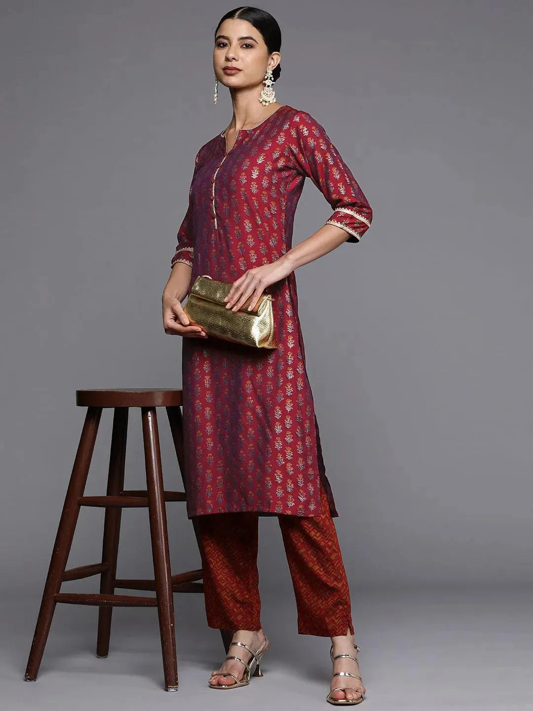 Maroon Printed Silk Straight Kurta - Libas 