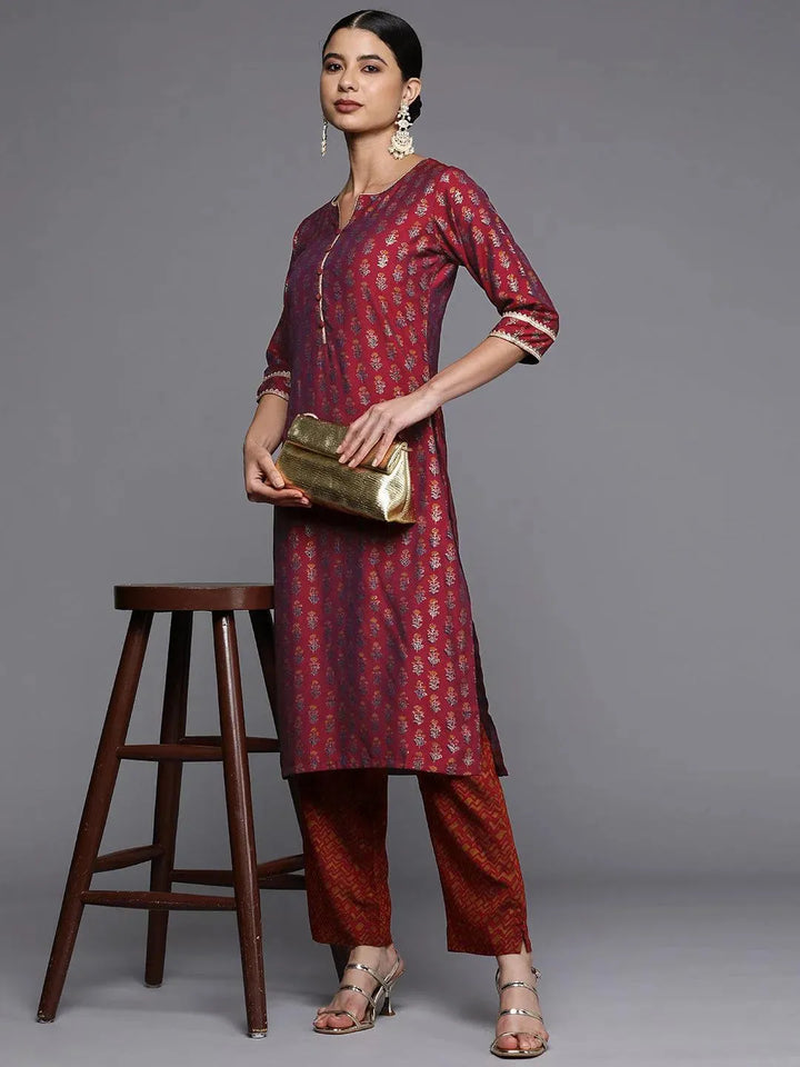 Maroon Printed Silk Straight Kurta - Libas