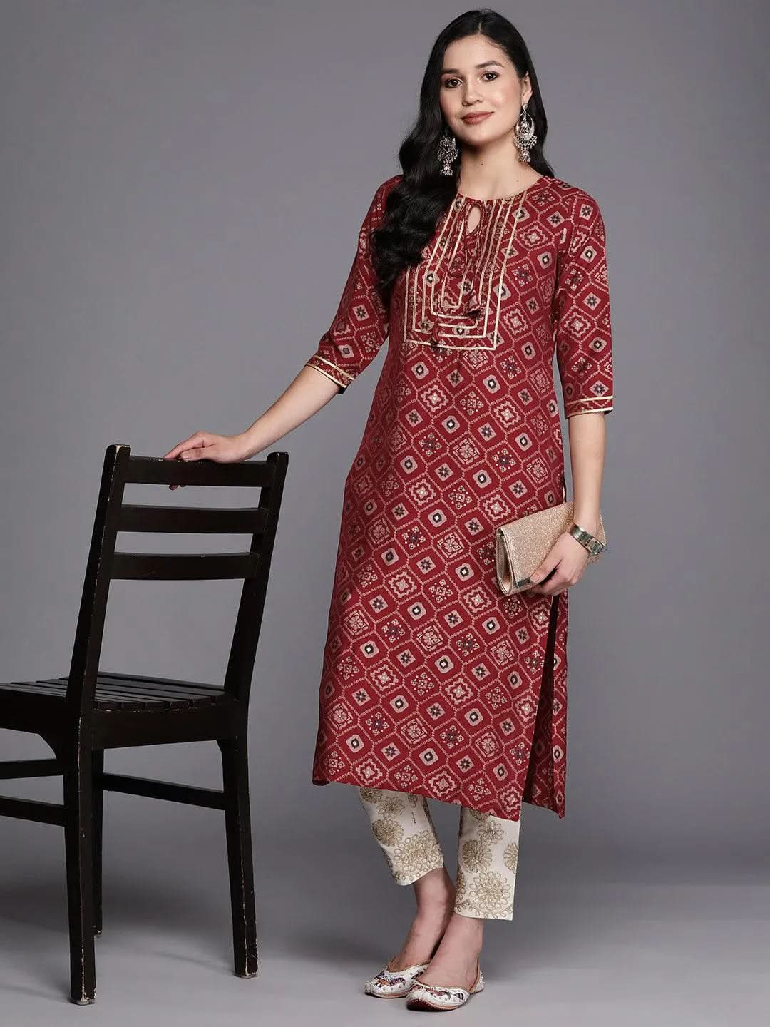 Maroon Printed Silk Straight Kurta - Libas 