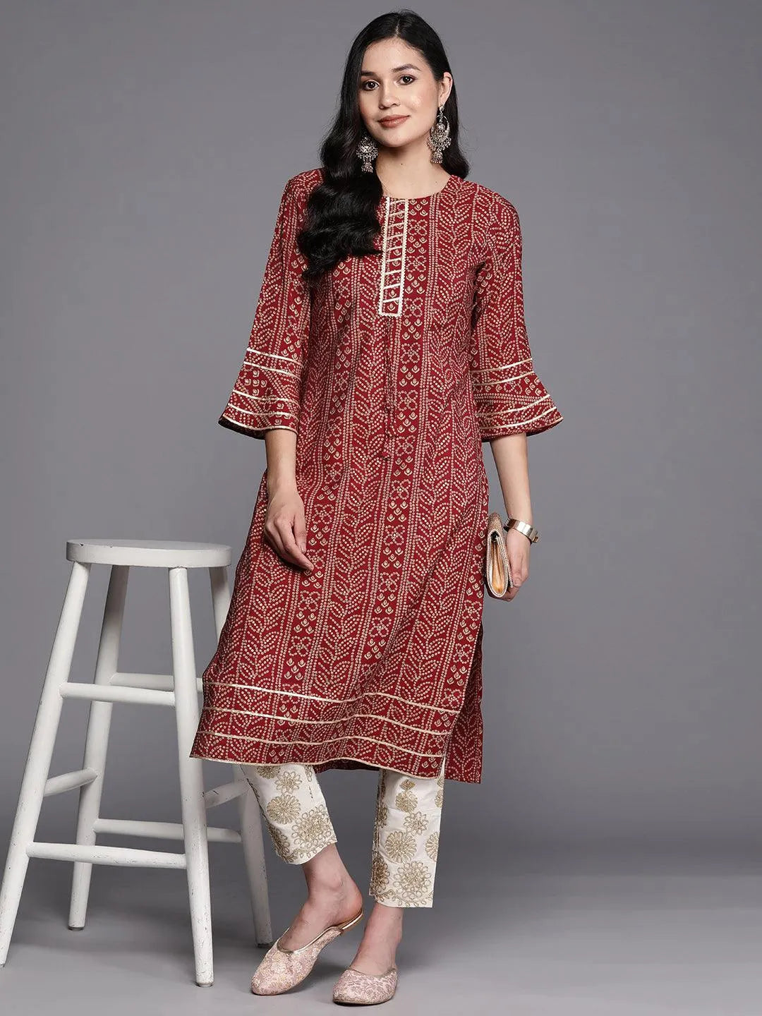 Maroon Printed Silk Straight Kurta - Libas