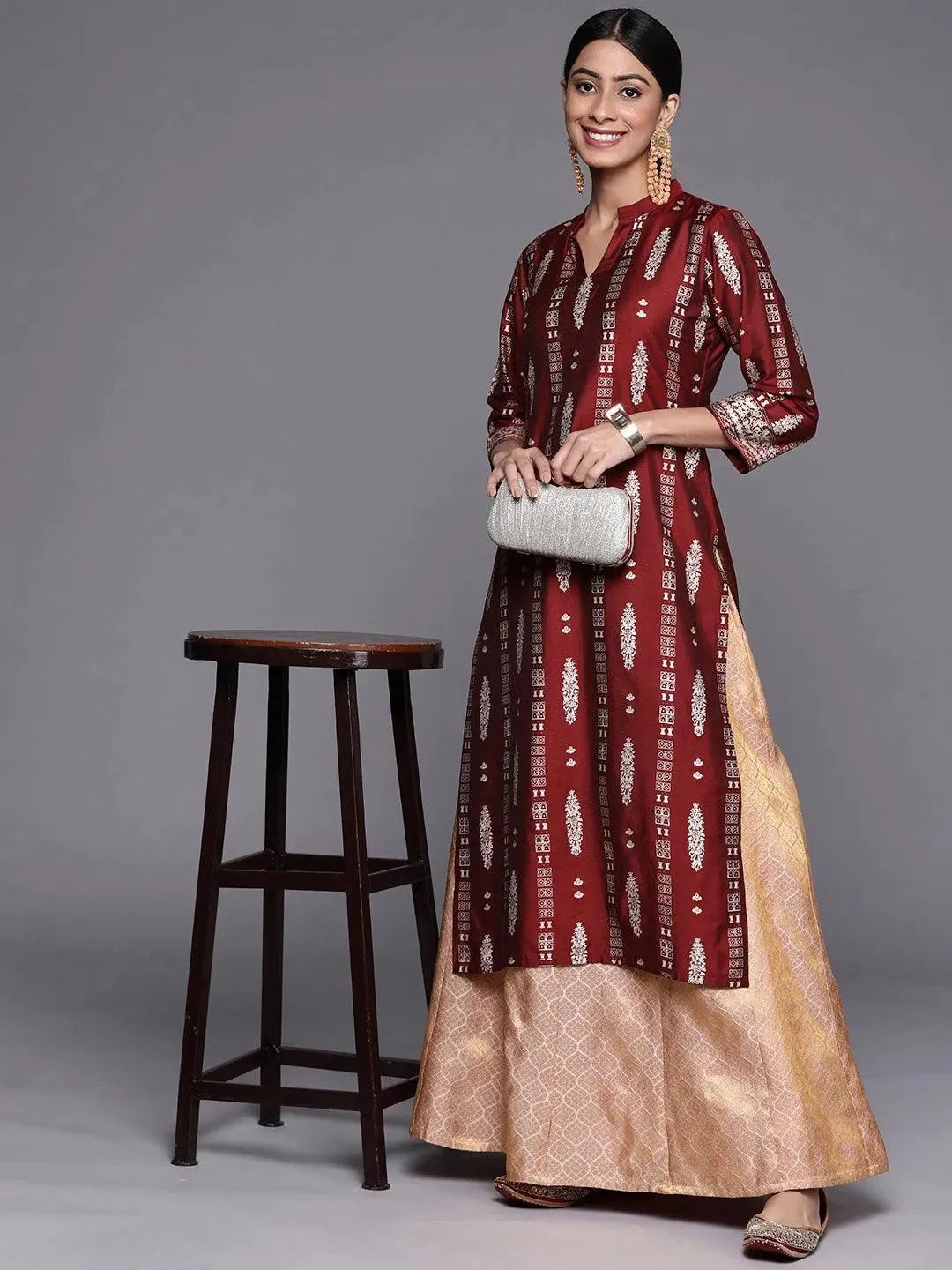 Maroon Printed Silk Straight Kurta - Libas 