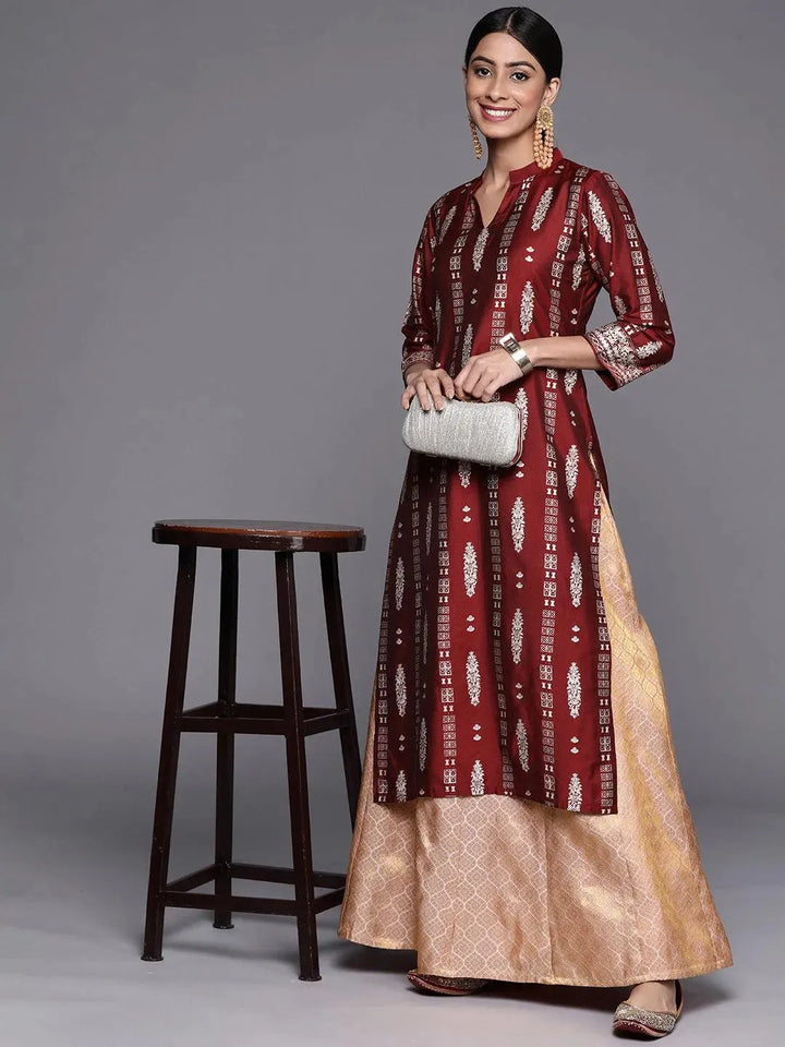 Maroon Printed Silk Straight Kurta - Libas