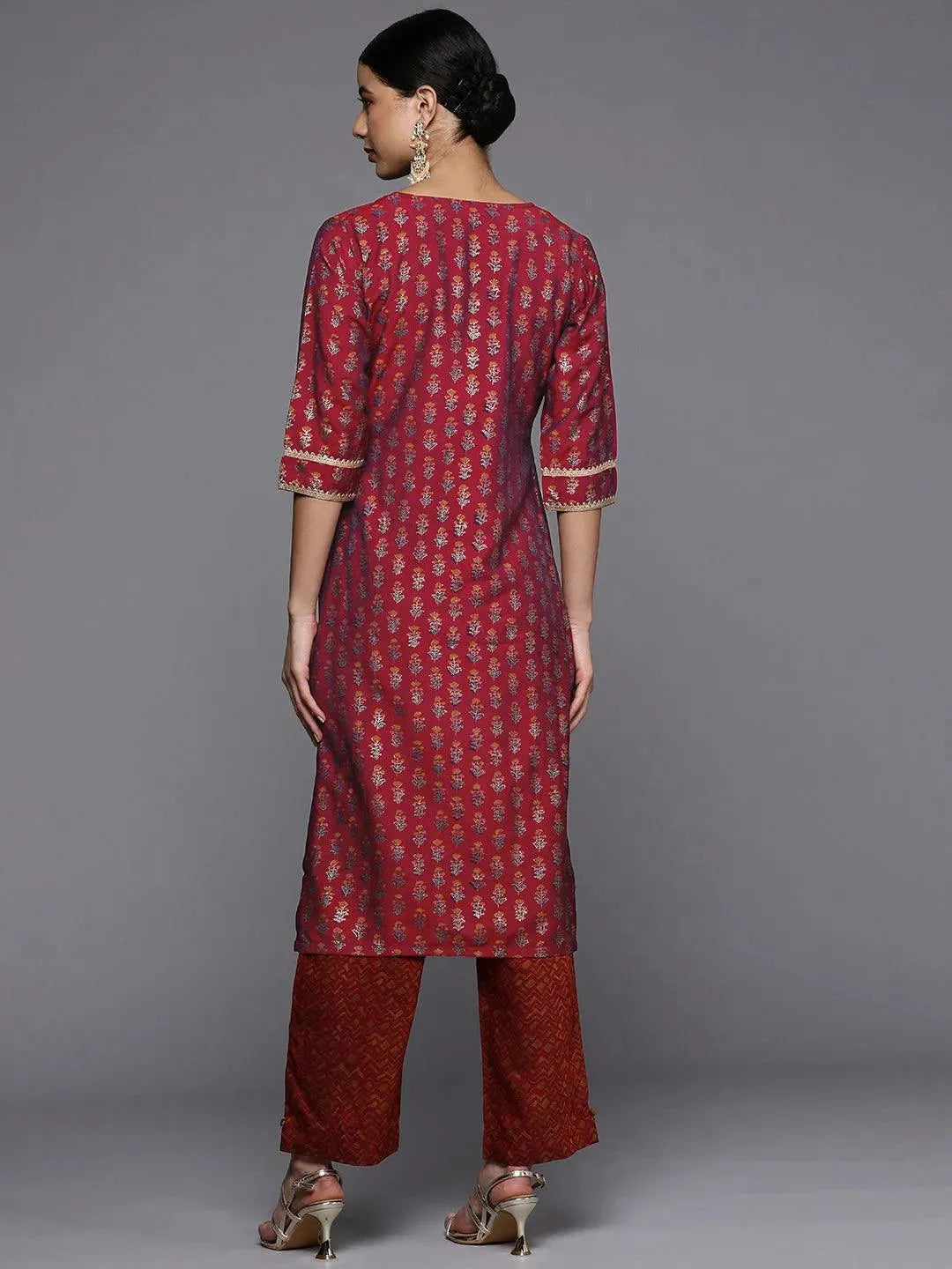 Maroon Printed Silk Straight Kurta - Libas 