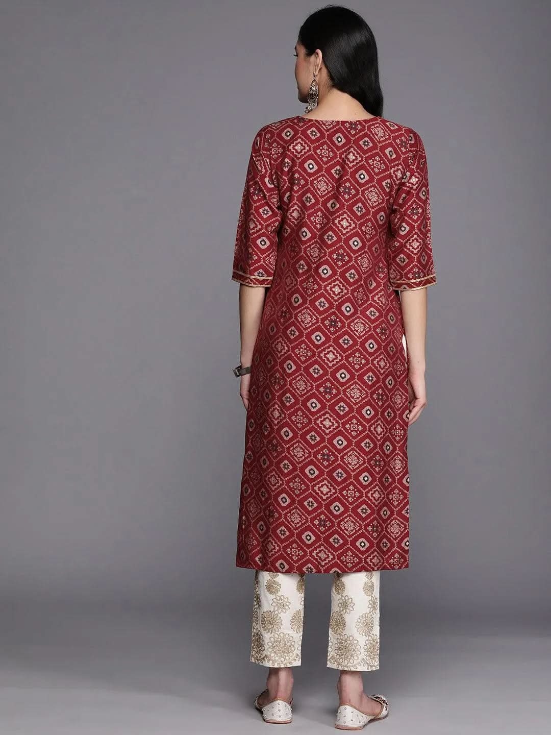 Maroon Printed Silk Straight Kurta - Libas 