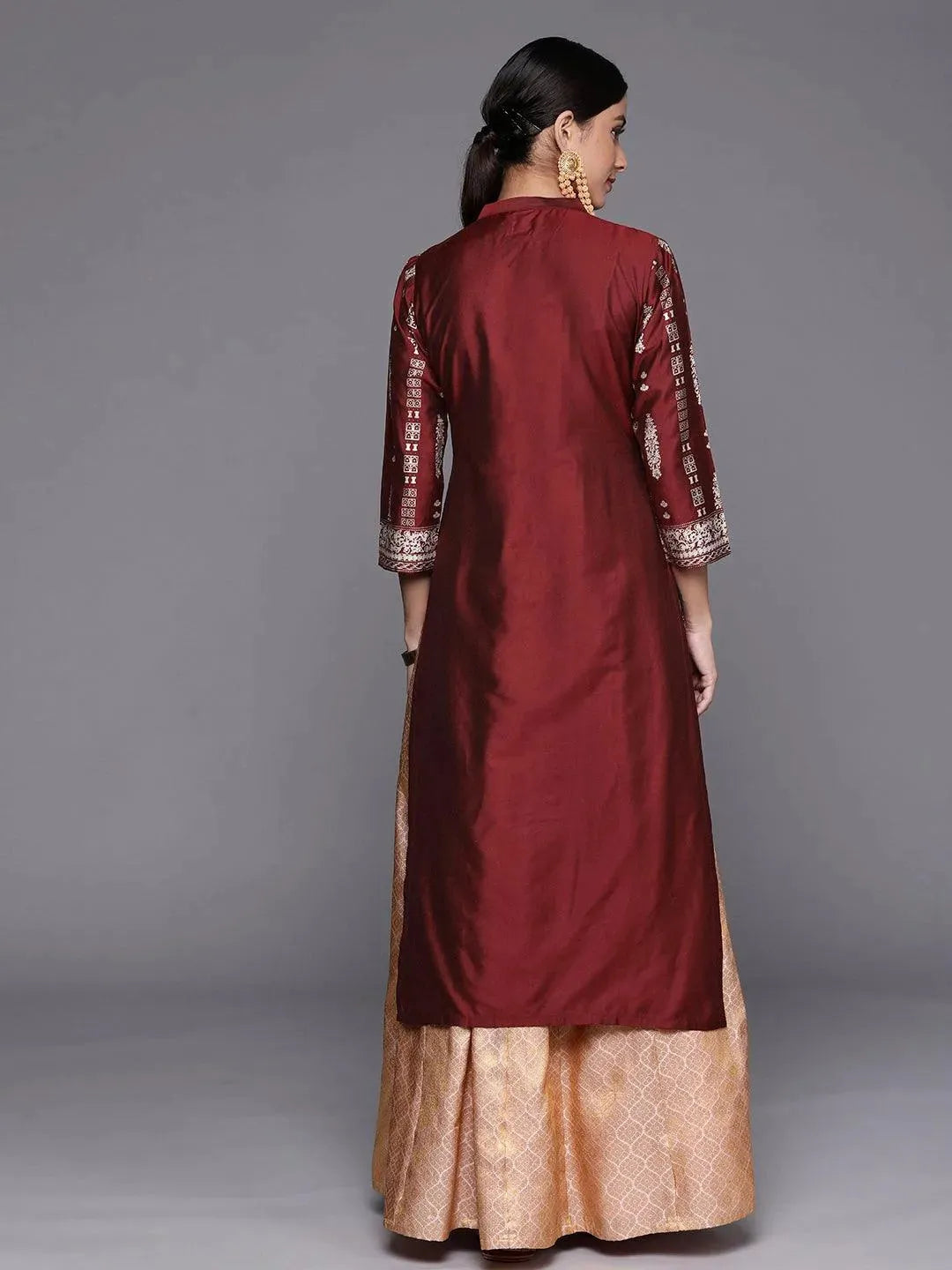 Maroon Printed Silk Straight Kurta - Libas