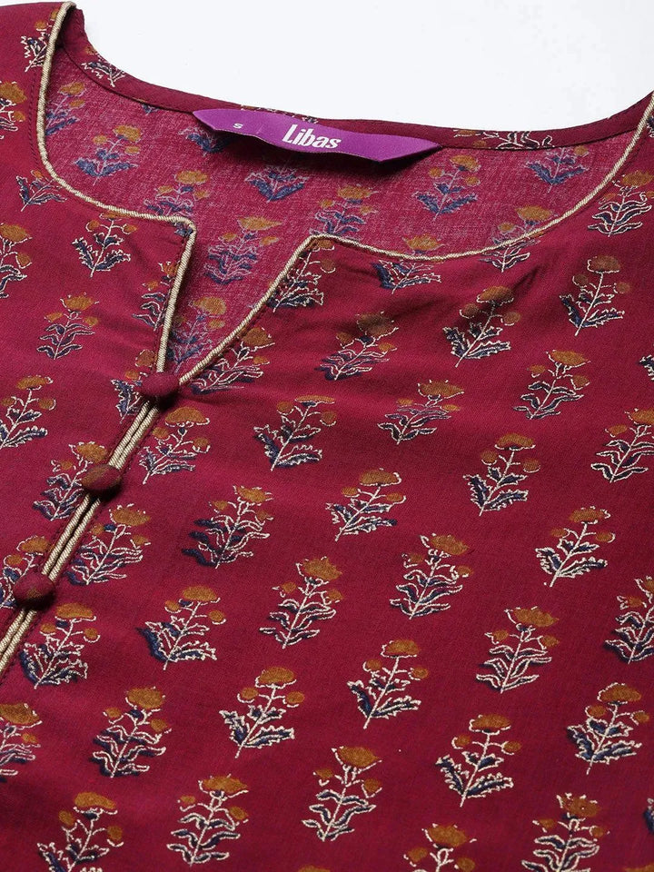 Maroon Printed Silk Straight Kurta - Libas