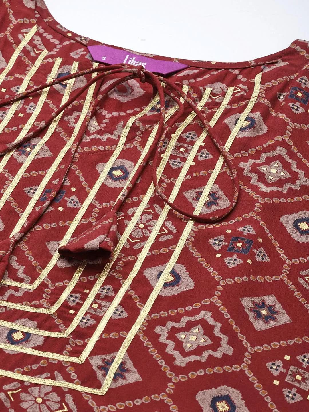 Maroon Printed Silk Straight Kurta - Libas 
