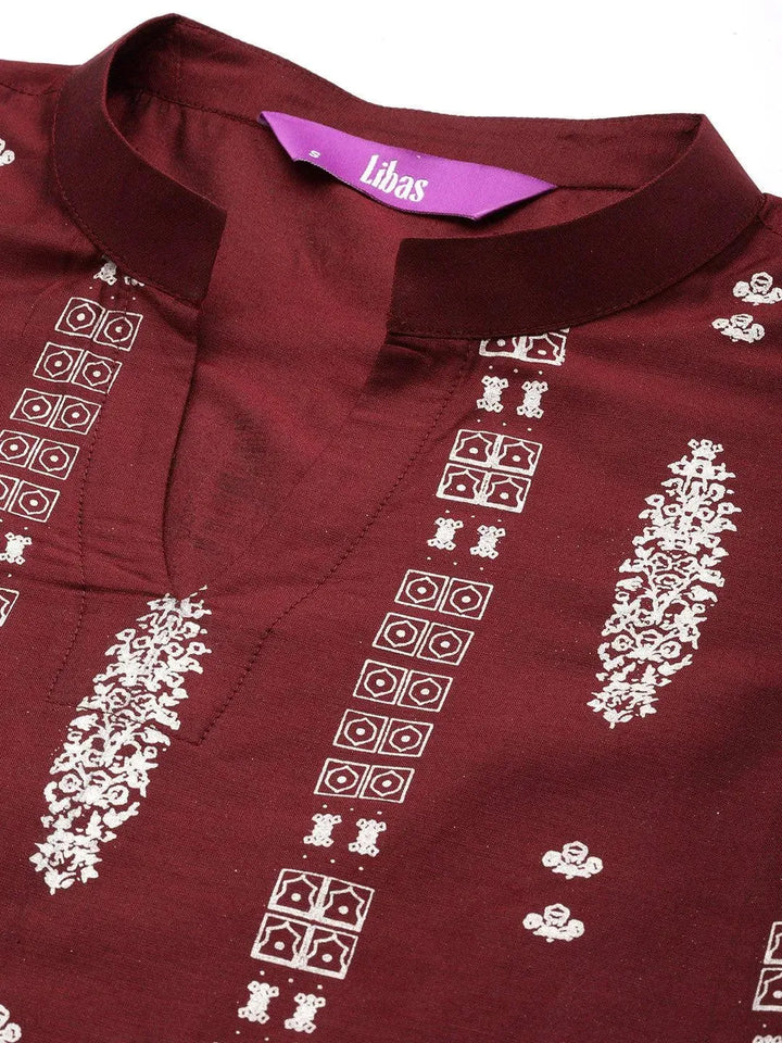 Maroon Printed Silk Straight Kurta - Libas