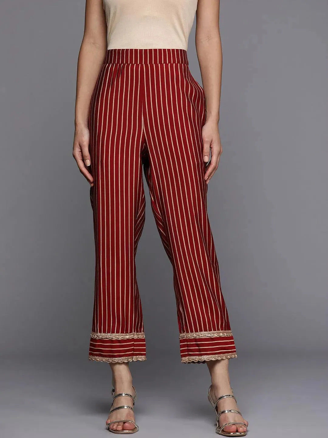 Maroon Printed Silk Trousers - Libas