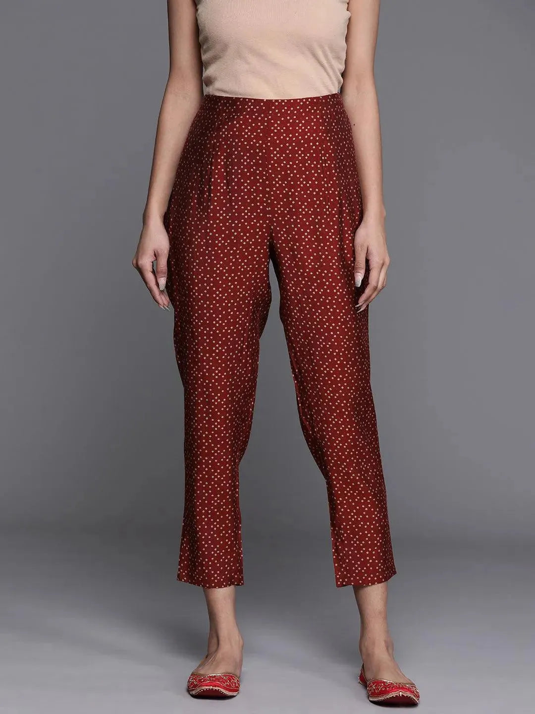 Maroon Printed Silk Trousers - Libas