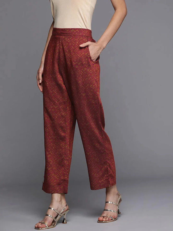 Maroon Printed Silk Trousers - Libas