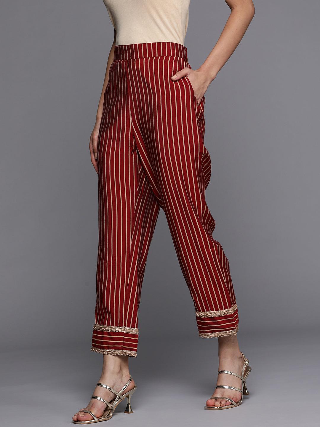 Maroon Printed Silk Trousers - Libas