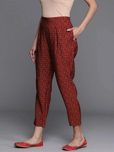 Maroon Printed Silk Trousers - Libas