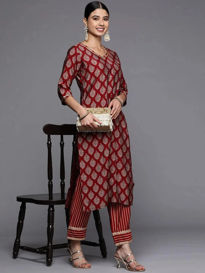 Maroon Printed Silk Trousers - Libas