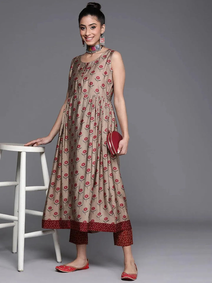 Maroon Printed Silk Trousers - Libas