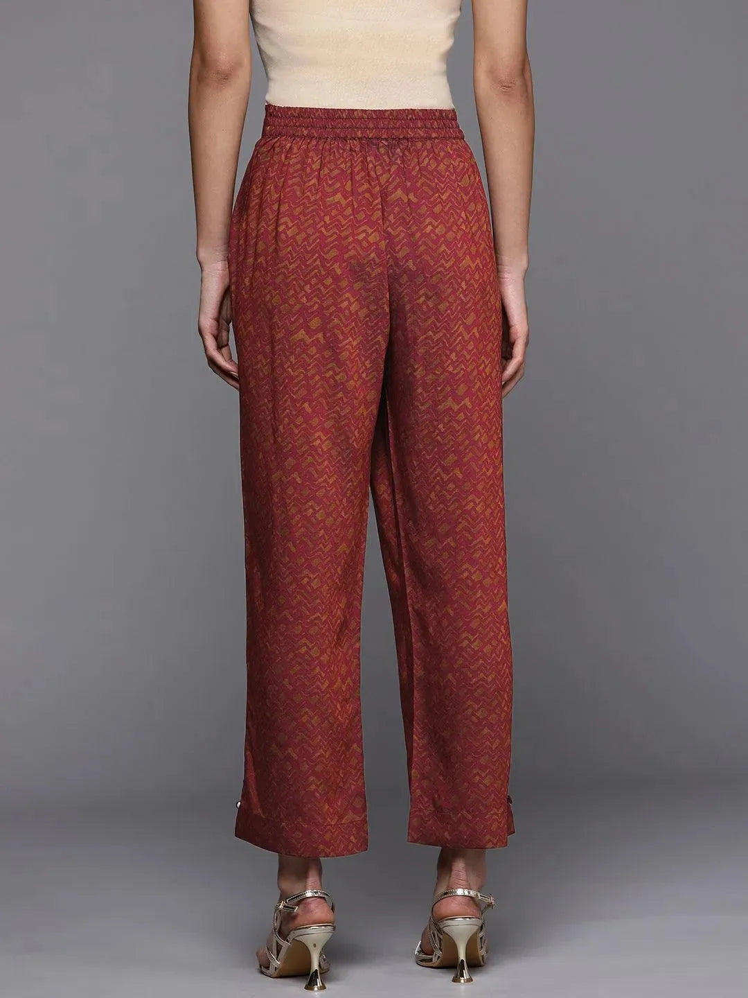 Maroon Printed Silk Trousers - Libas