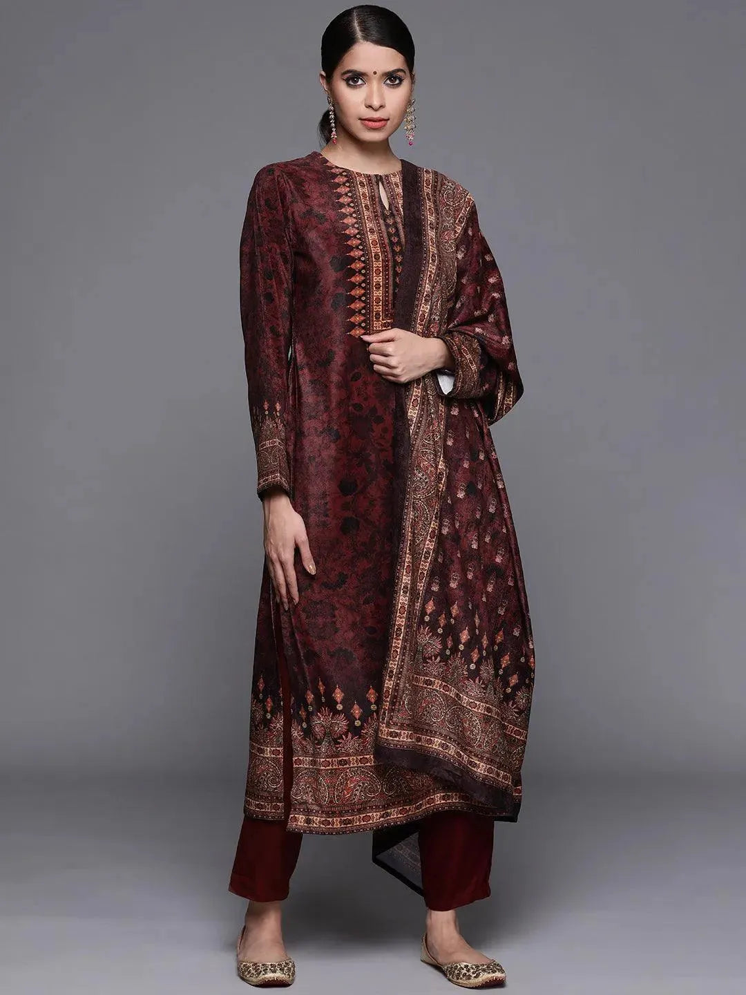 Maroon Printed Velvet Suit Set - Libas