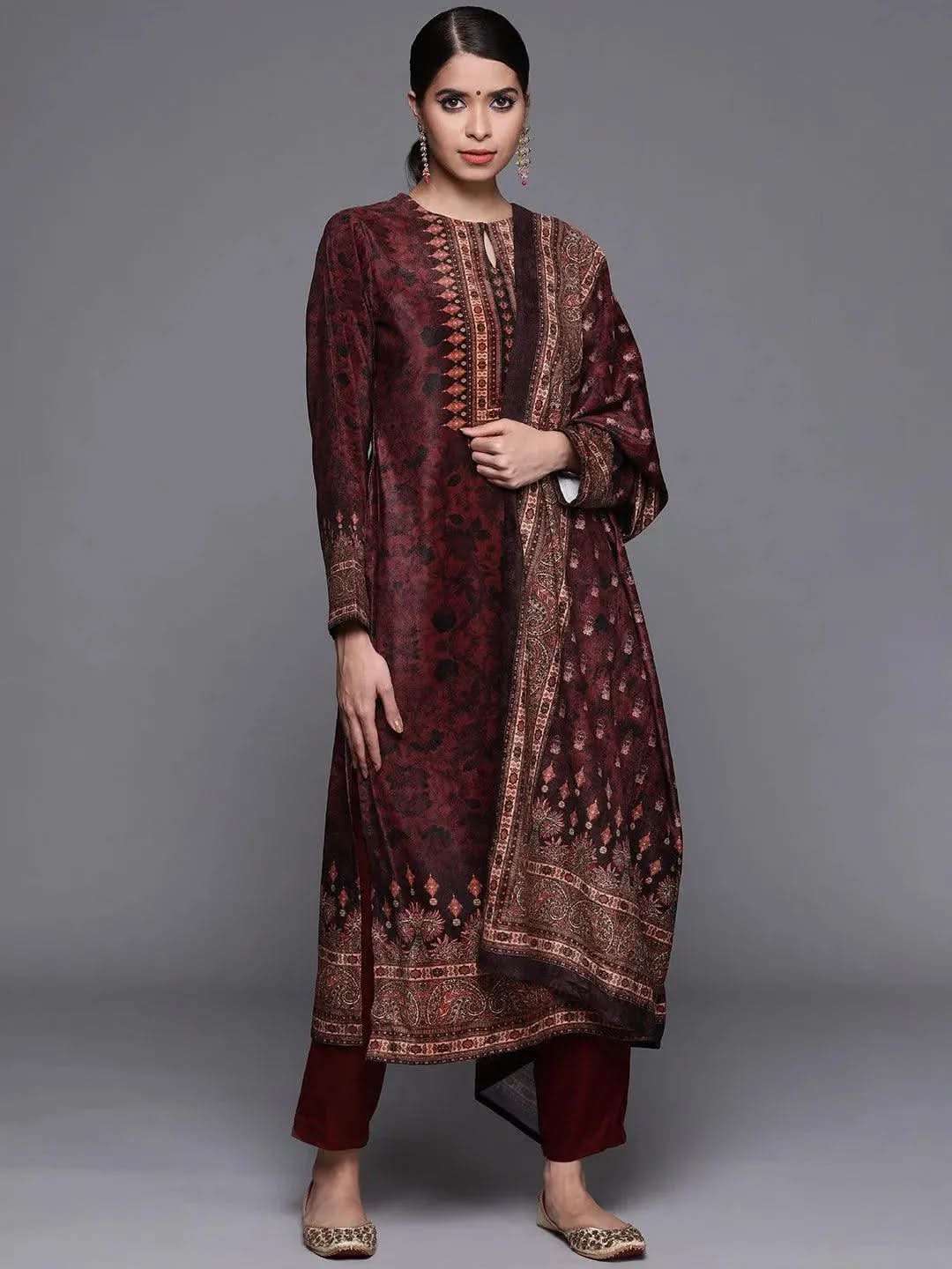  Maroon Printed Velvet Straight Kurta With Dupatta 