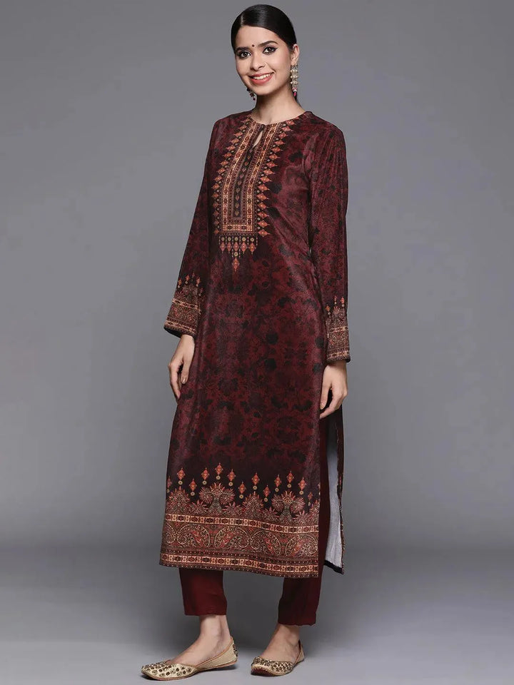 Maroon Printed Velvet Suit Set - Libas