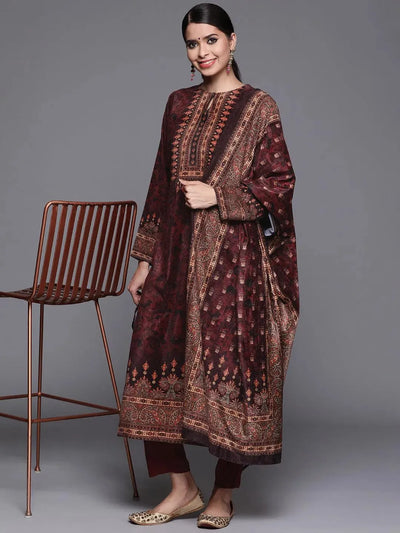 Maroon Printed Velvet Suit Set - Libas