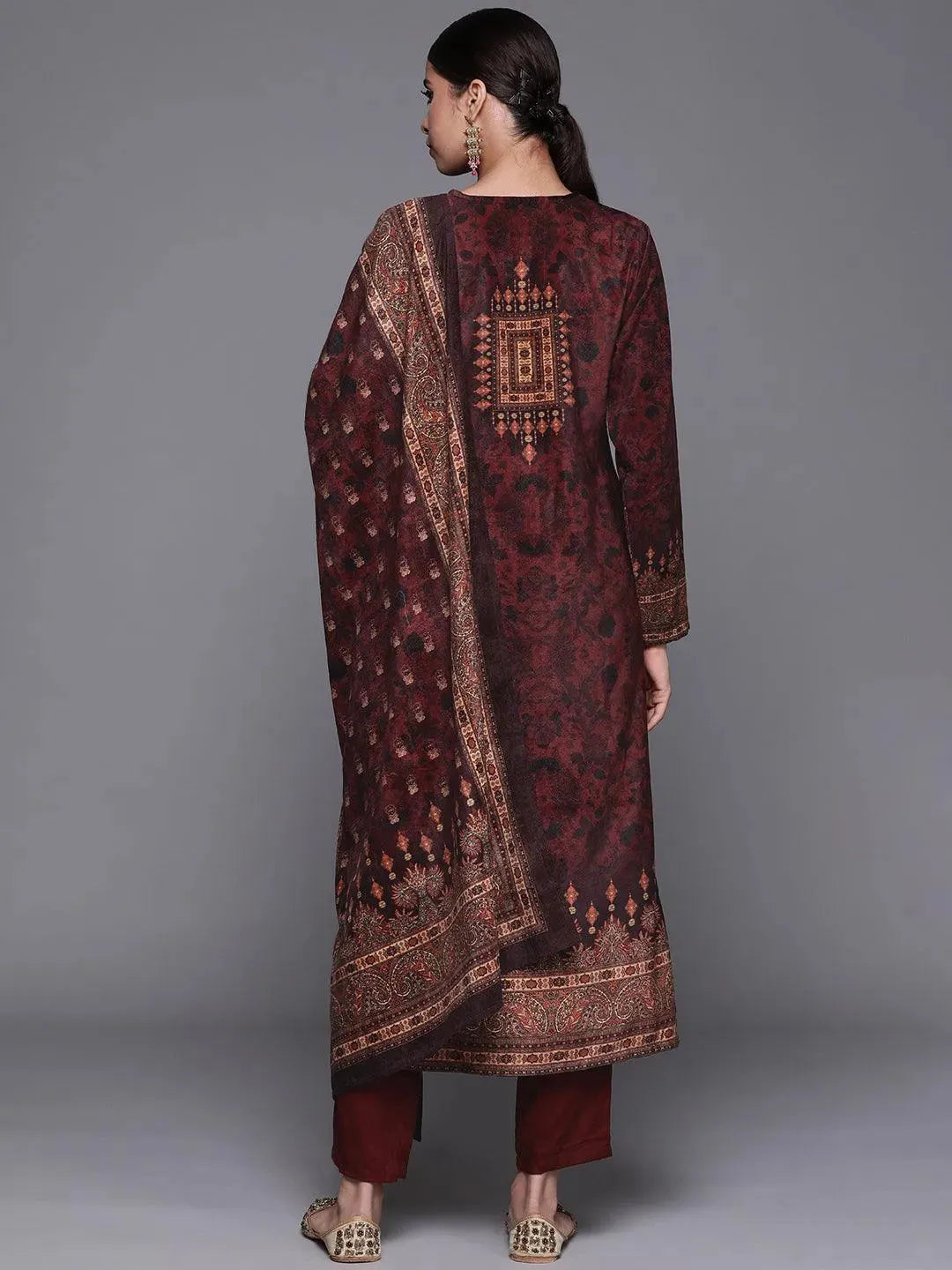 Maroon Printed Velvet Suit Set - Libas