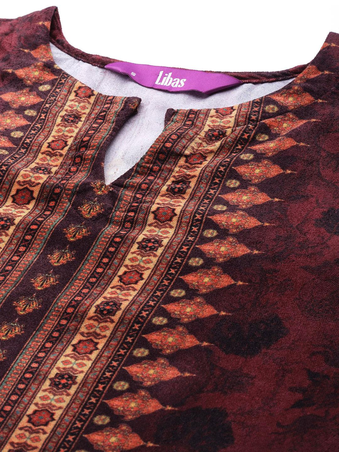 Maroon Printed Velvet Suit Set - Libas