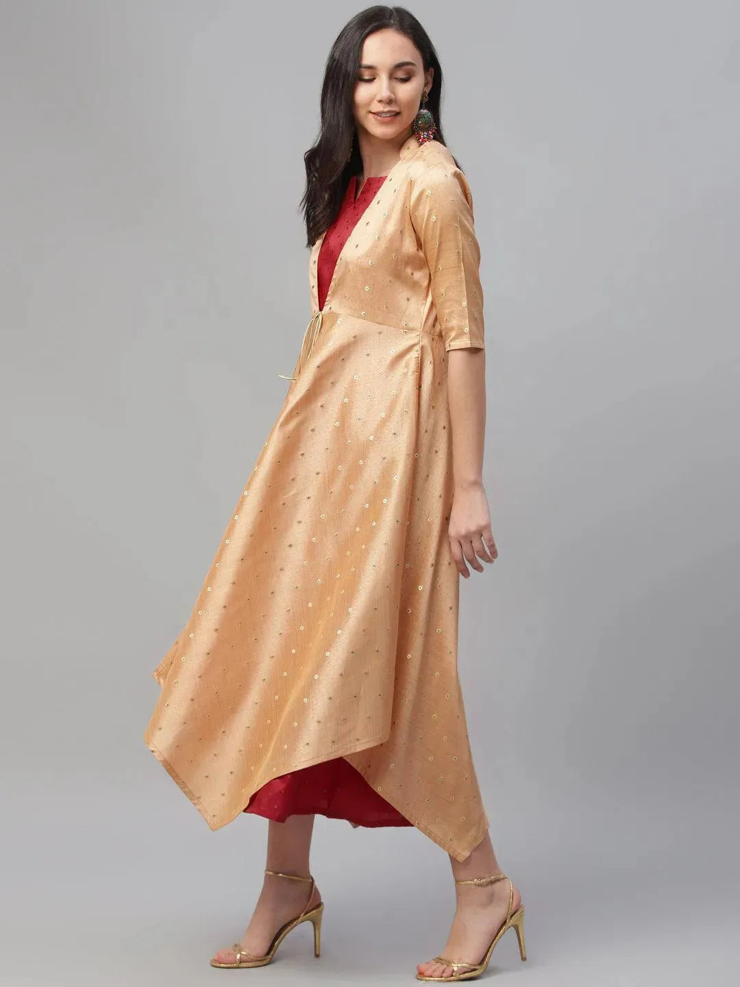 Maroon Self Design Chanderi Dress With Shrug - Libas 