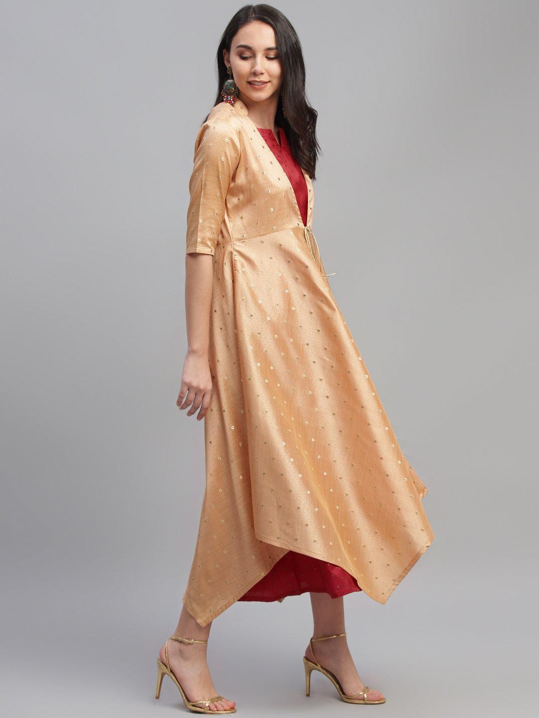Maroon Self Design Chanderi Dress With Shrug - Libas