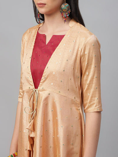 Maroon Self Design Chanderi Dress With Shrug - Libas