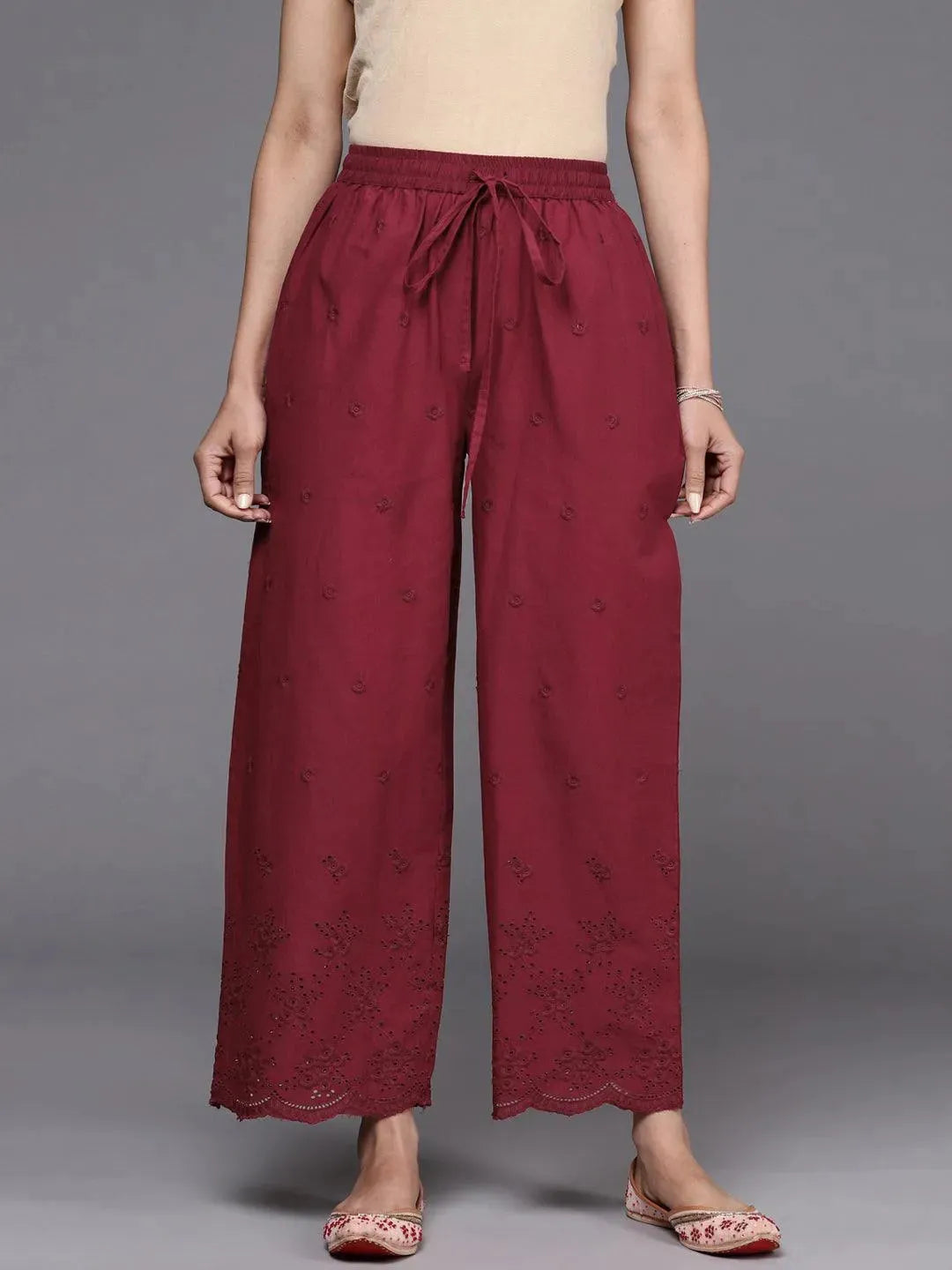 Maroon Self Design Cotton Palazzos - Libas