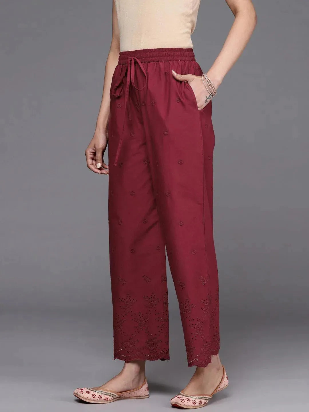 Maroon Self Design Cotton Palazzos - Libas