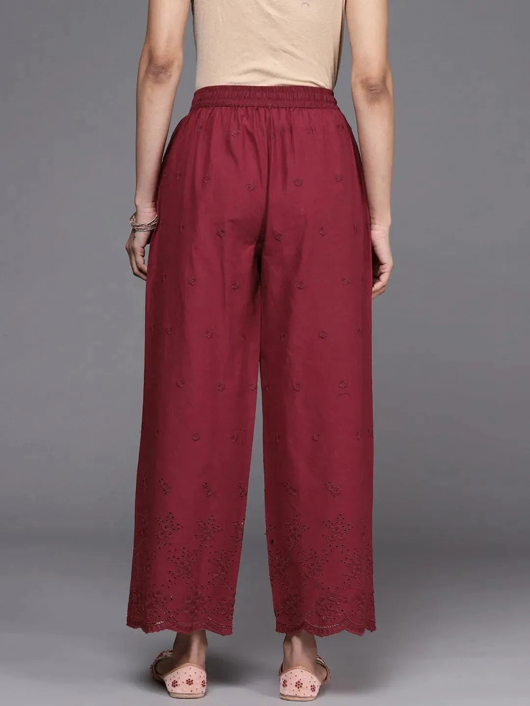 Maroon Self Design Cotton Palazzos - Libas 