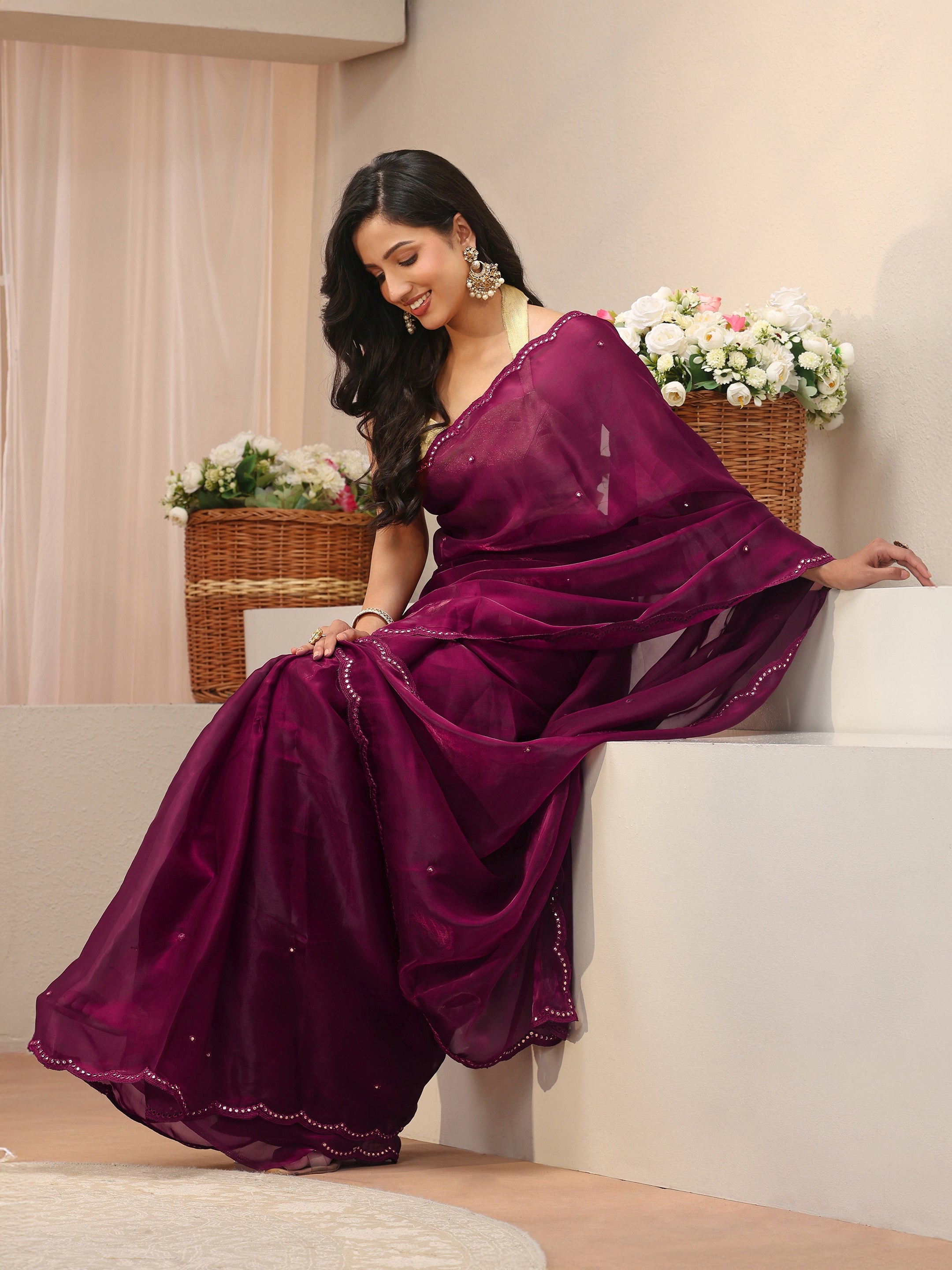 libas Maroon Mirror Work Organza Saree-picture-58