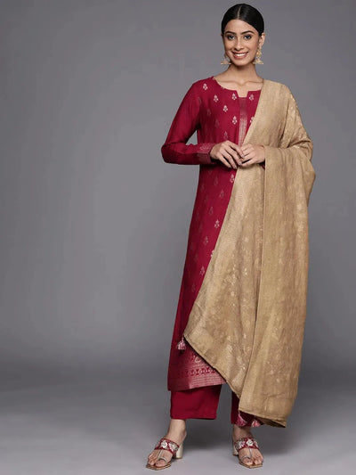 Maroon Self Design Pashmina Wool Straight Suit Set - Libas