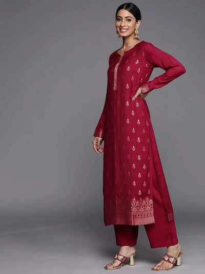 Maroon Self Design Pashmina Wool Straight Suit Set - Libas