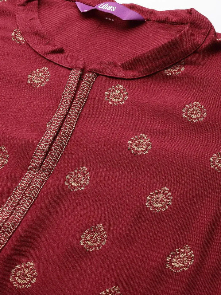 Maroon Self Design Pashmina Wool Straight Suit Set - Libas