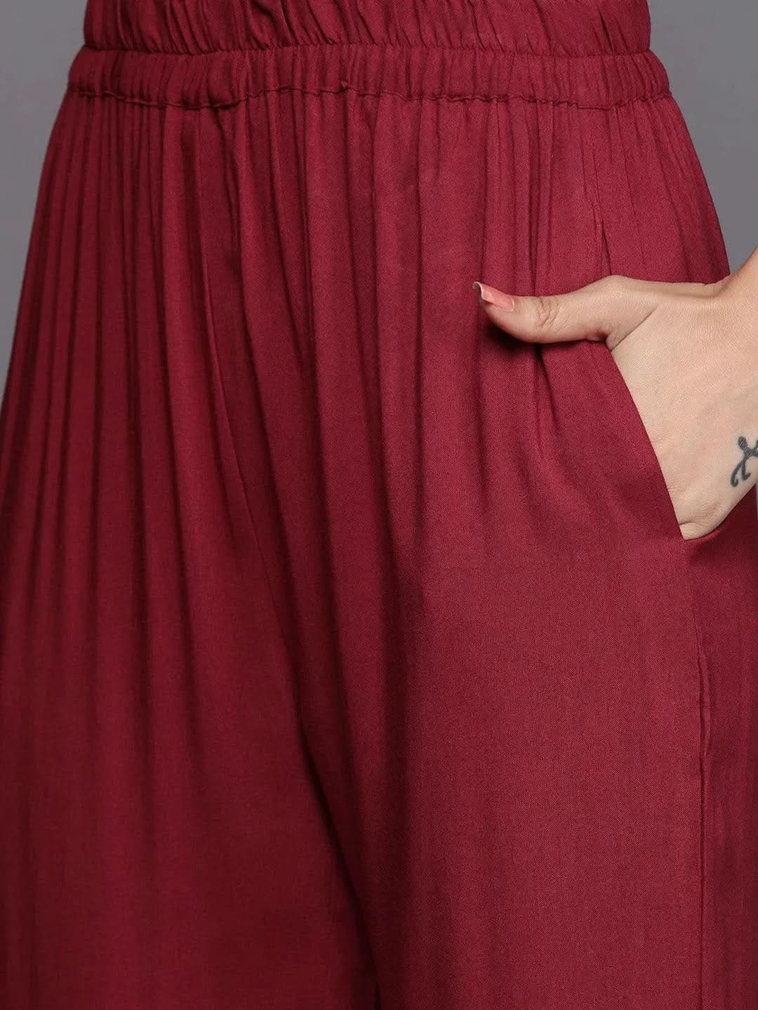 

Maroon Self Design Pashmina Wool Straight Kurta With Dupatta