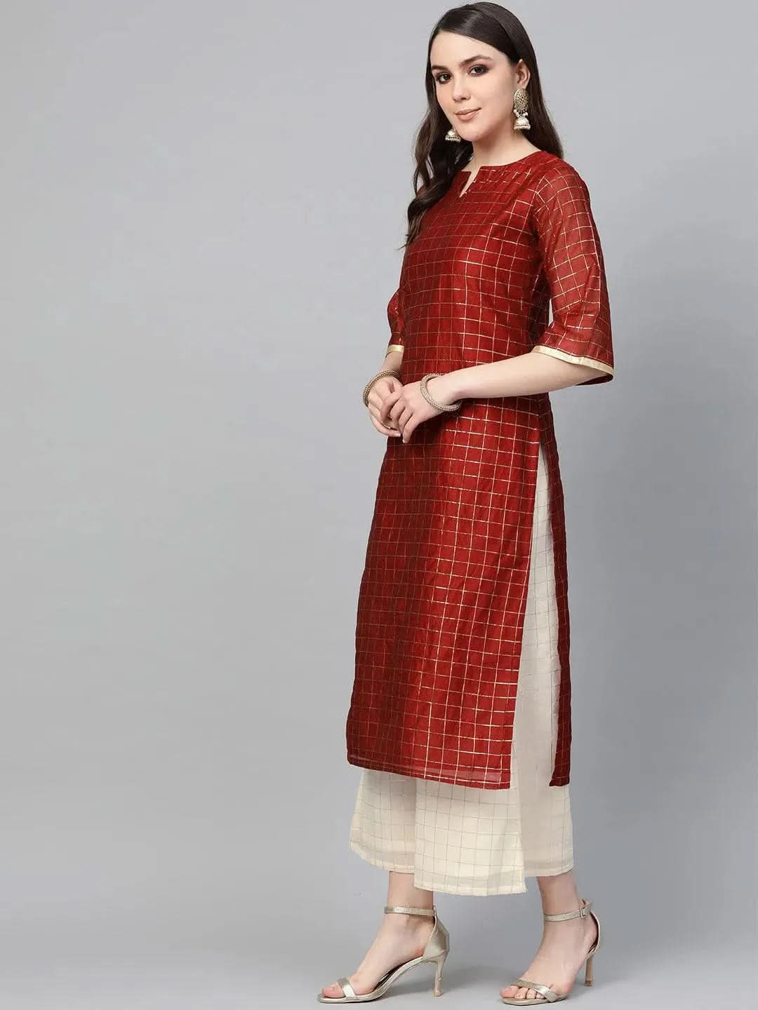 

Maroon Self Design Polyester Straight Kurta With Palazzos & Dupatta
