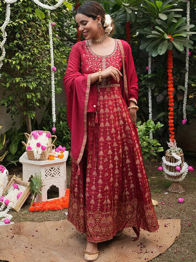 Maroon Self Design Silk Anarkali Suit Set - Libas