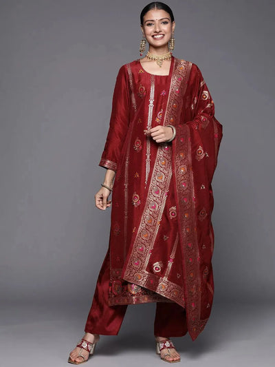 Maroon Self Design Silk Blend Straight Suit Set - Libas