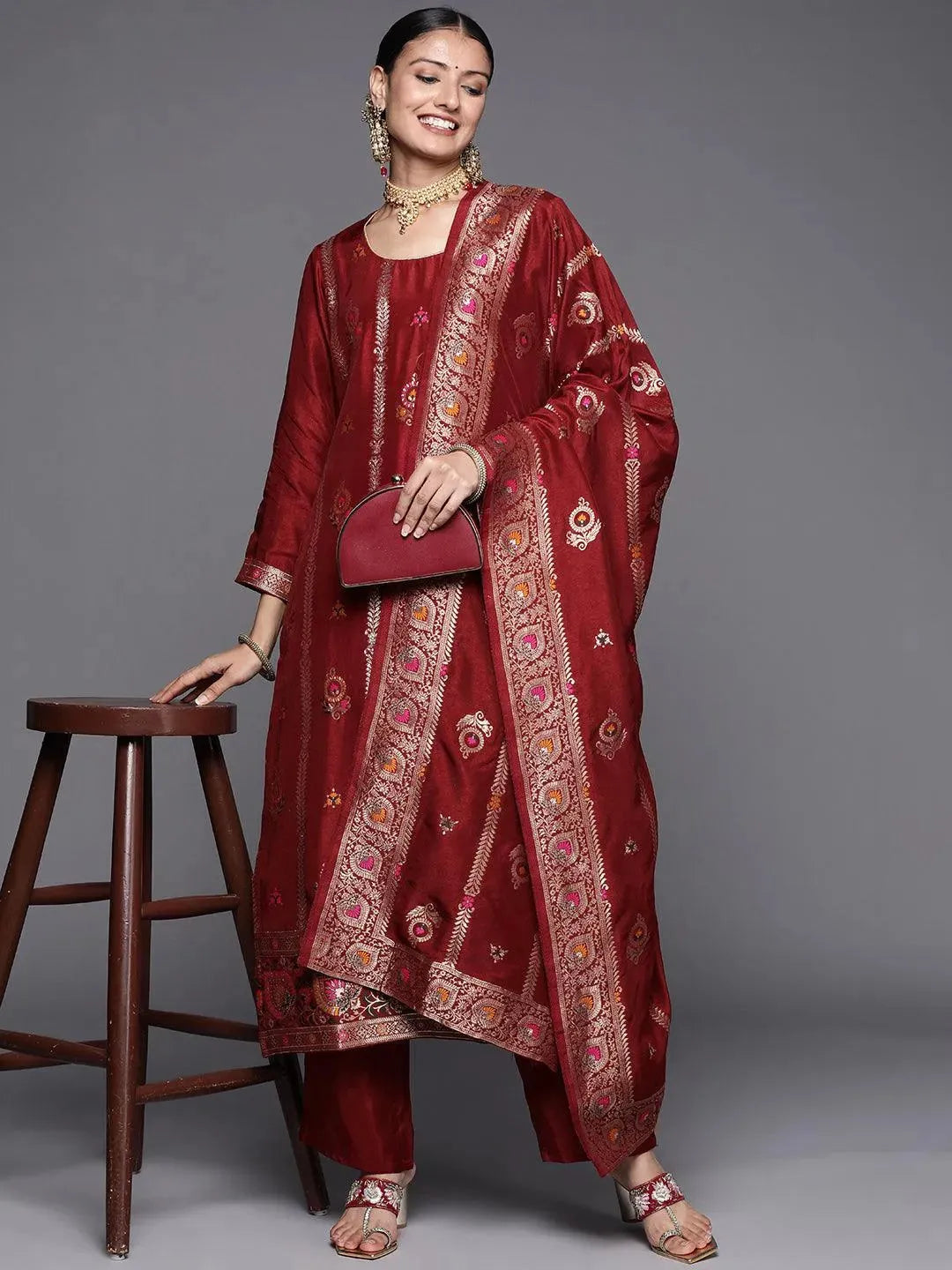 Maroon Self Design Silk Blend Straight Suit Set - Libas 