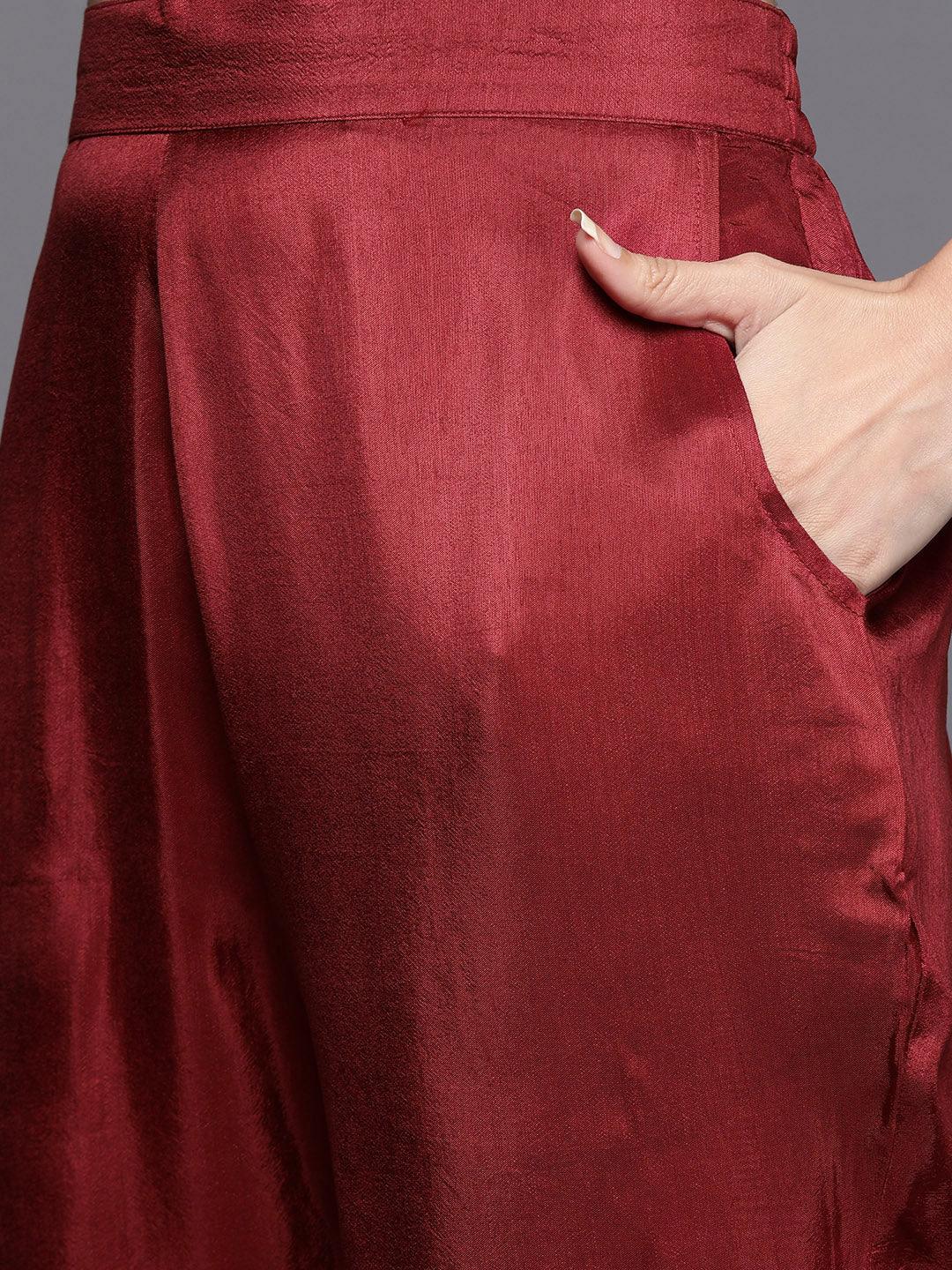 Maroon Self Design Silk Blend Straight Suit Set - Libas