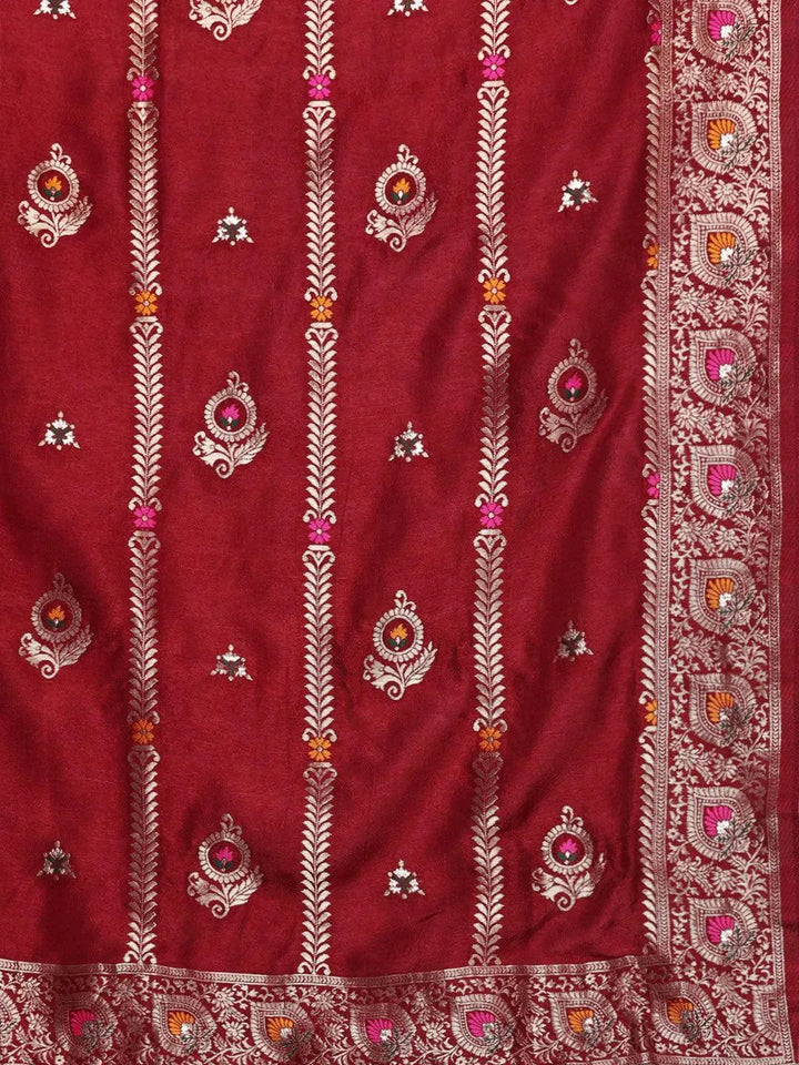 Maroon Self Design Silk Blend Straight Suit Set - Libas