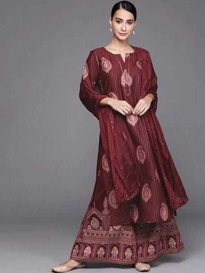 Maroon Self Design Silk Blend Suit Set - Libas