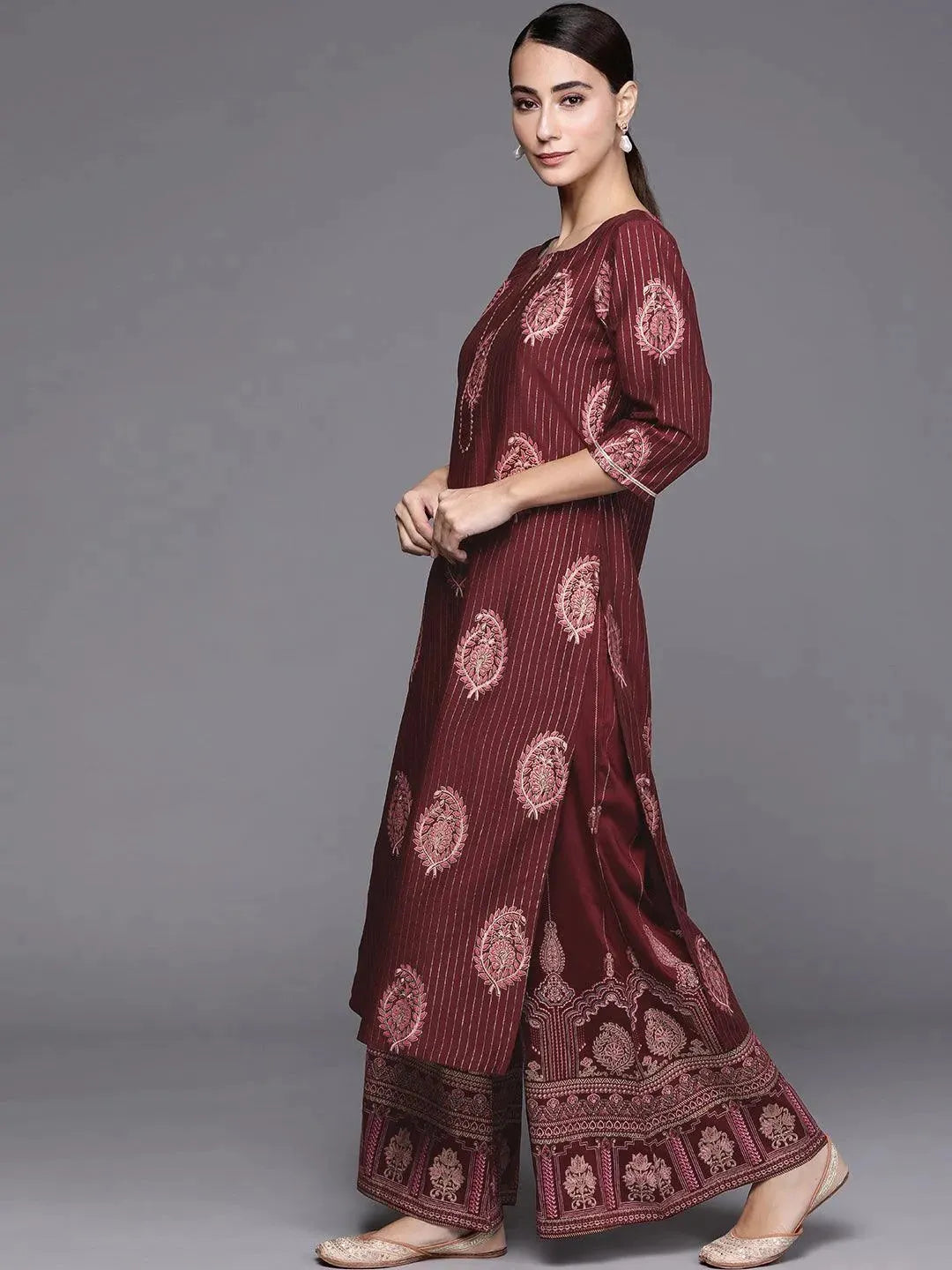 Maroon Self Design Silk Blend Suit Set - Libas 