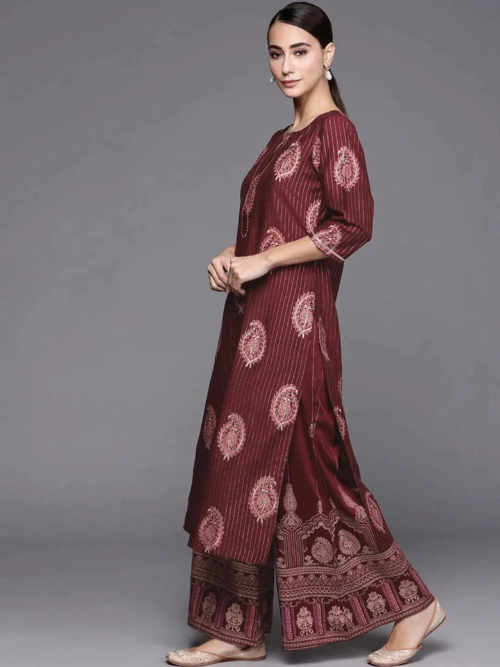 Maroon Self Design Silk Blend Suit Set - Libas