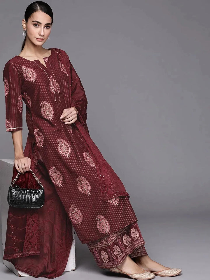 Maroon Self Design Silk Blend Suit Set - Libas