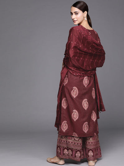 Maroon Self Design Silk Blend Suit Set - Libas
