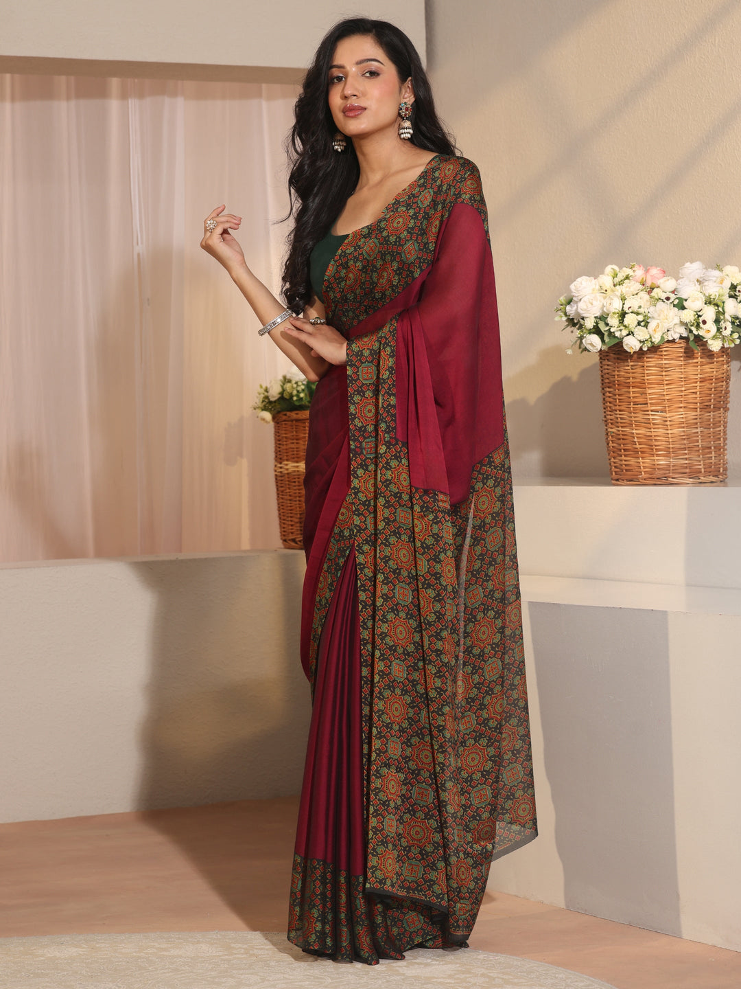  Maroon Solid Chiffon Saree 