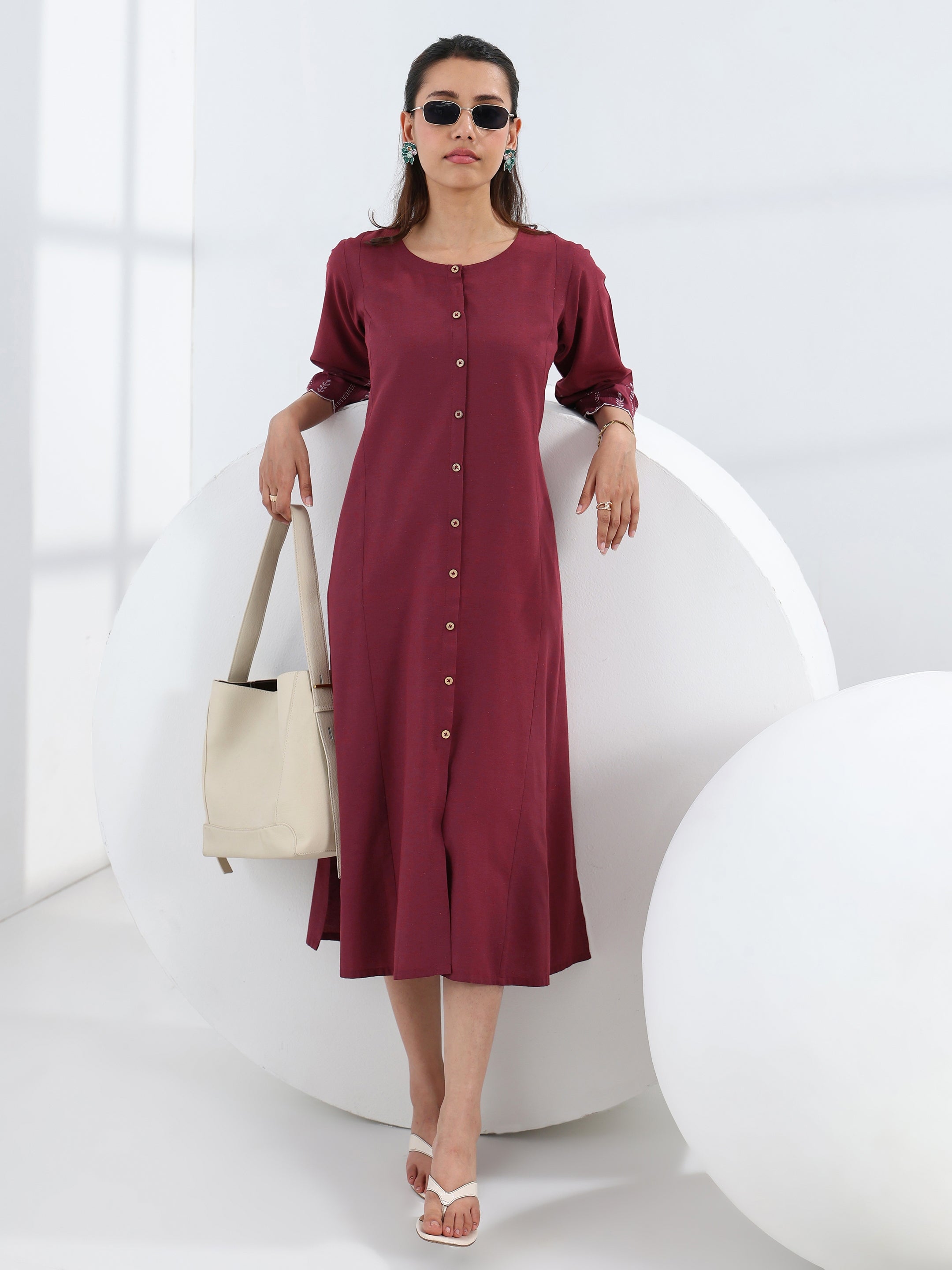 libas Maroon Solid Cotton Blend A-Line One Piece Dress-picture-40
